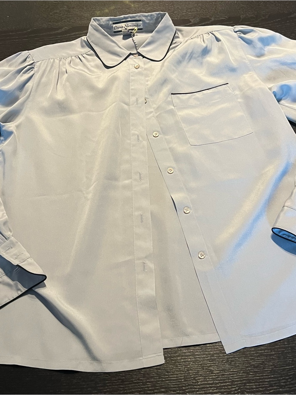 Vintage Light Gray Blue Blouse with Piping